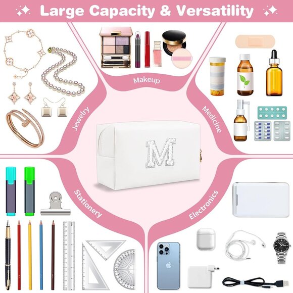 Bride Gifts – Personalized Initial Makeup Bag with Pearl Rhinestone Patch, Prepp - Picture 6 of 7